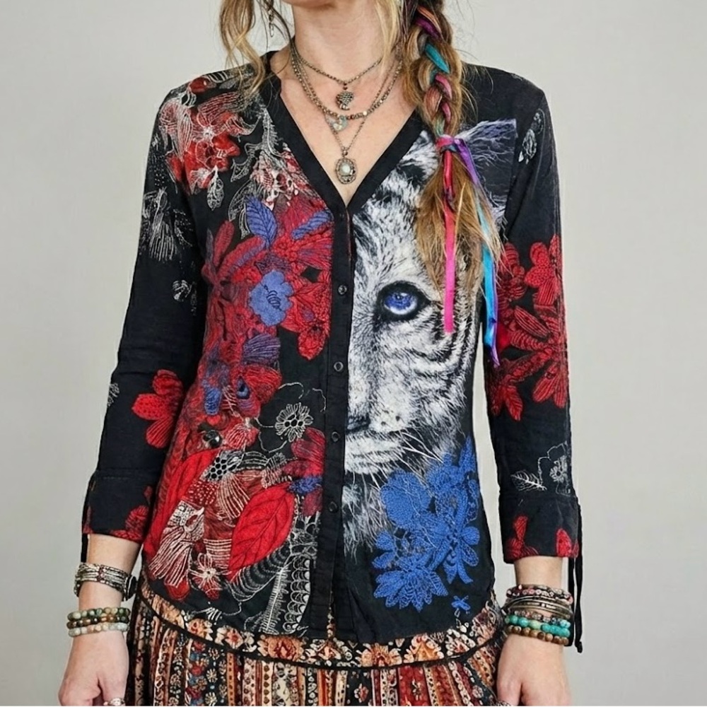 DESIGUAL Tiger Floral Top Boho Eclectic Artistic Boho Blouse Shirt Hippie Funky